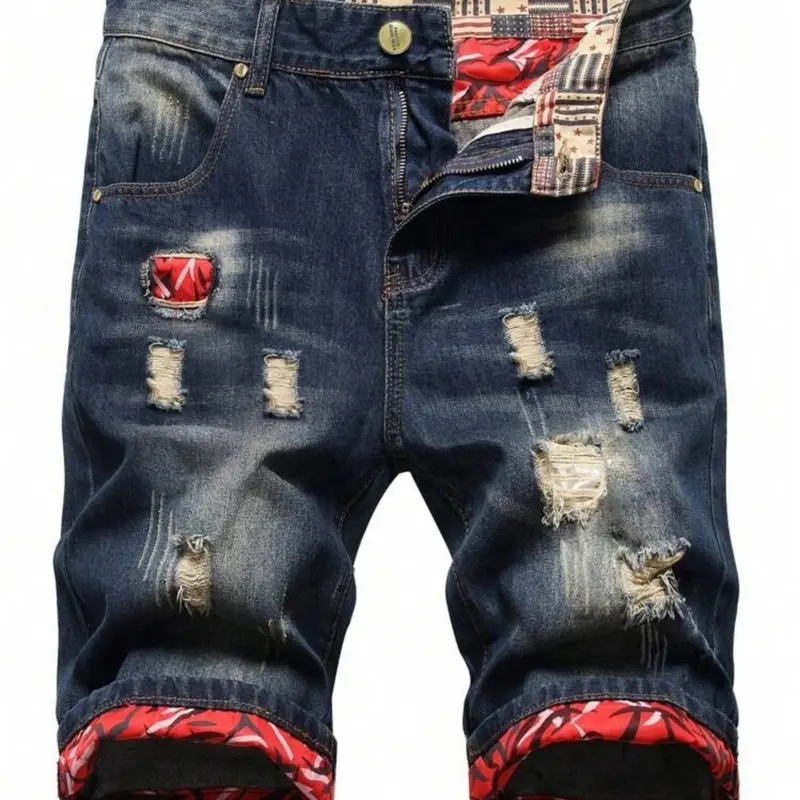 Men's Patchwork Denim Shorts, Fitted Casual Fashion Shorts for Summer, Men's Bottoms for Daily Wear, Casual Pocket Shorts, Button Ripped Shorts, Shorts with Pockets