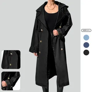 Imily Bela Women's Long Double Breasted Denim Jacket Oversized Button Down Maxi Jean Coat Classic Lapel Outercoat