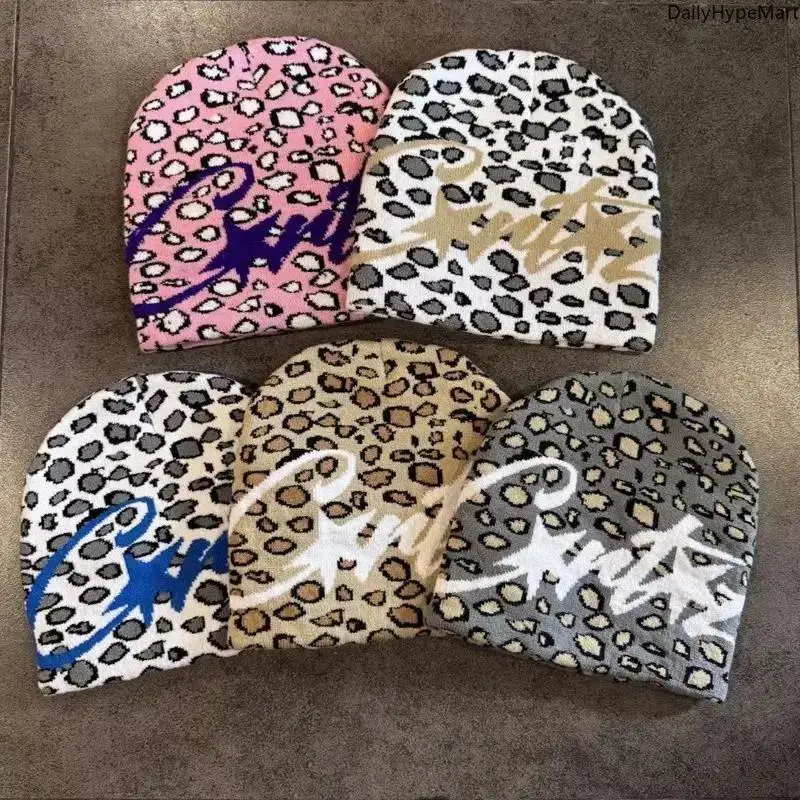 Y2K Leopard Print Beanie, Soft Stretch Knit Skull Cap with Embroidery