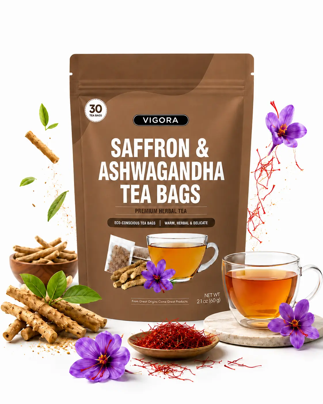 VIGORA Saffron Ashwagandha (Ashwa Gandha) Herbal Tea Bags - Caffeine-Free Relaxation Tea, Warm Spiced Flavor, Cozy Evening Drink for Stressful Days, 30 Count