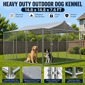 Heavy Duty Outdoor Dog Kennel 14.8x14.8x7.6 ft Galvanized Chain Link Playpen Waterproof Anti-UV Cover Secure Lock Large Pet Exercise Pen