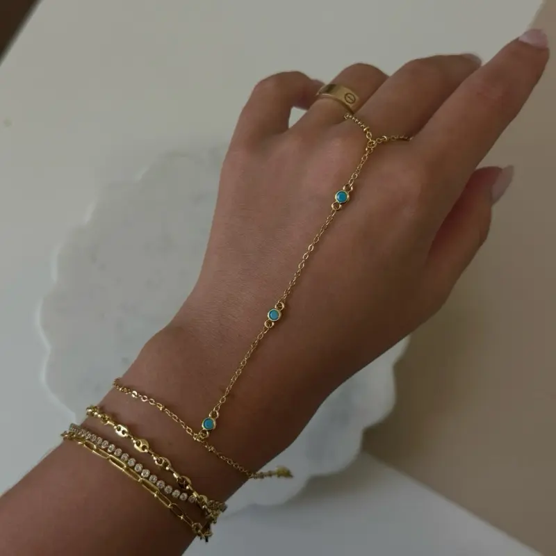 Hand Chain Bracelet with Turquoise Accents| Adjustable Minimalist Hand Jewelry | Handmade by Eva