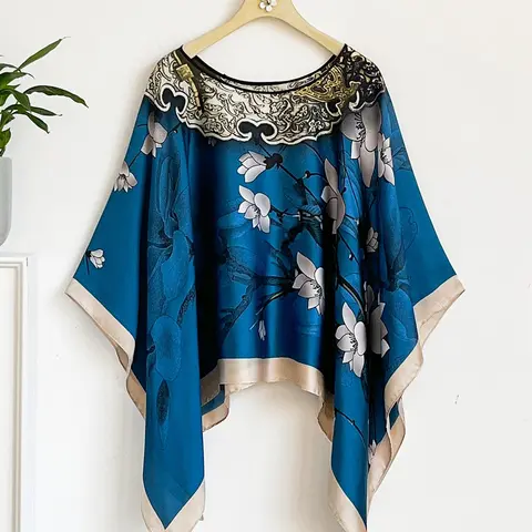 French Luxurious Floral Print Silk Feel Shawl, Windproof Sandproof Soft Scarf Wrap, Fashionable Versatile Style for All Seasons, Floral Pattern Shawl
