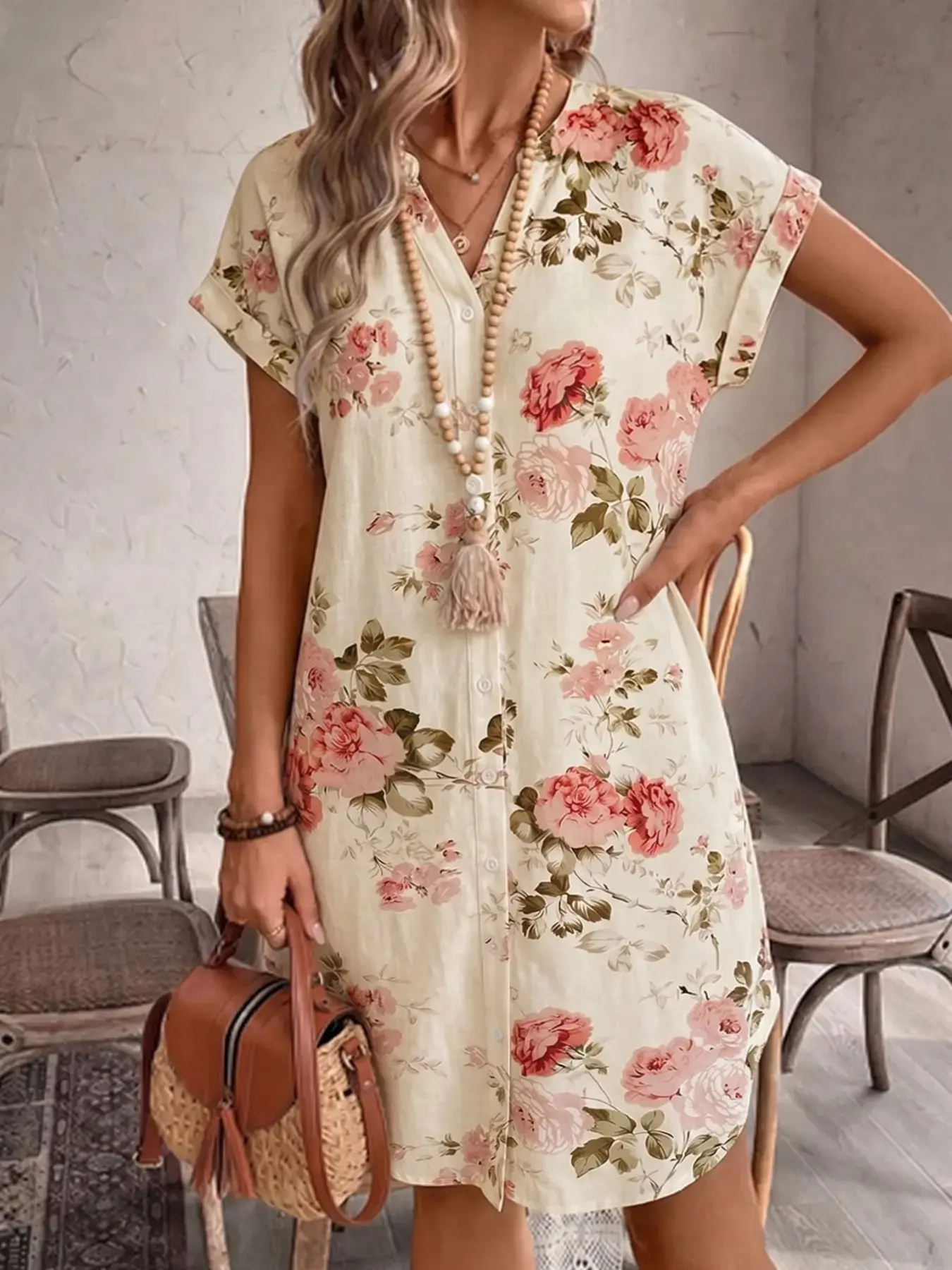 Women's V Neck Floral Print Casual Boho Bohemian Short Vacation Dress, Lightweight Woven Fabric, Perfect for Summer  Relaxing Days Outdoors, Boho Shirt Dress
