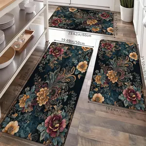 Vintage Boho Floral Kitchen Rug Set, Baroque Paisley Flower Non-Slip Washable Floor Mats, Luxury Botanical Runner Rugs for Kitchen, Living Room & Home Decor
