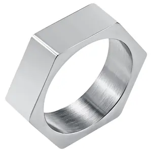 OIDEA Stainless Steel Hexagon Signet Rings for Men, 7mm Geometric Pinky Band with Screw Detail Mens Signet Ring, Bold Rings, Geometric-Shaped Rings