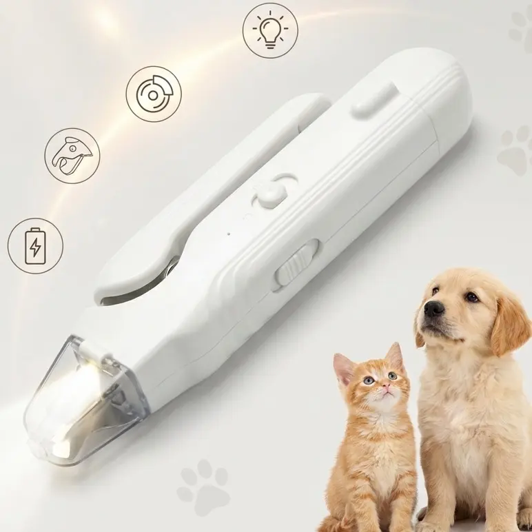 Universal Stainless Steel 2-in-1 Trim & Grind Pet Nail Tool Kit - Rechargeable Low-Noise Electric Claw Care Set for Dogs, 2 LED Lights, LED Vessel Spot, Precise Safe Trimming, Dust Cap, Clean Nail Dust Collection Disposal, White