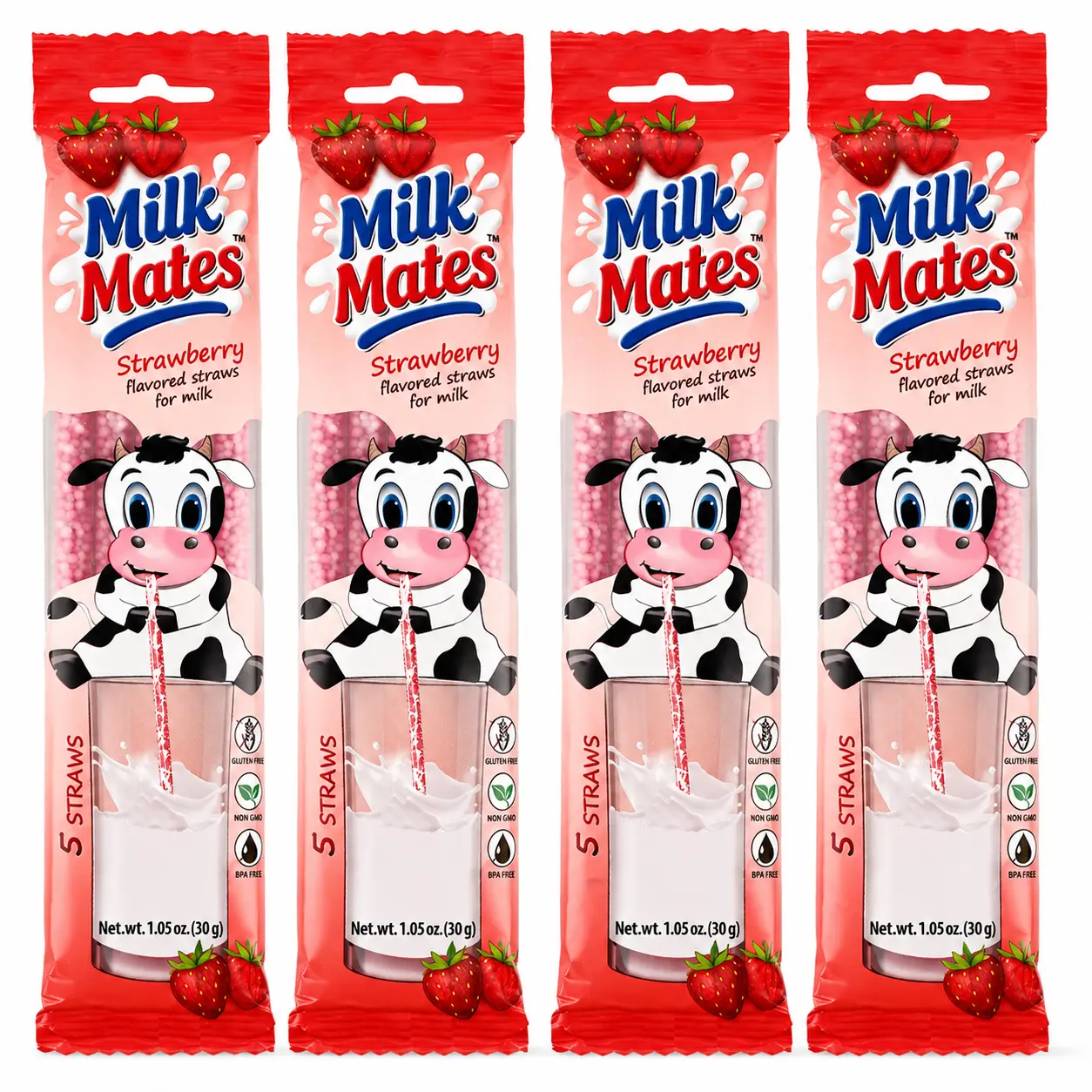 Mild Strawberry Milk Flavoring Straws  for 7 oz Glass of Milk– 4 Packs of 5 Straws (20 Total) – Flavor Straws for Milk -  for a Gentle Fruit Flavor