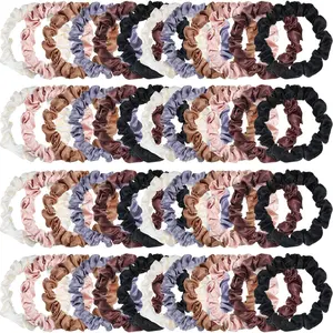 48 count Neutral Mini Satin Hair Ties Small Scrunchies Bulk Multicolor Elastic Silk Hair Bands Accessories Ponytail Holders for Women