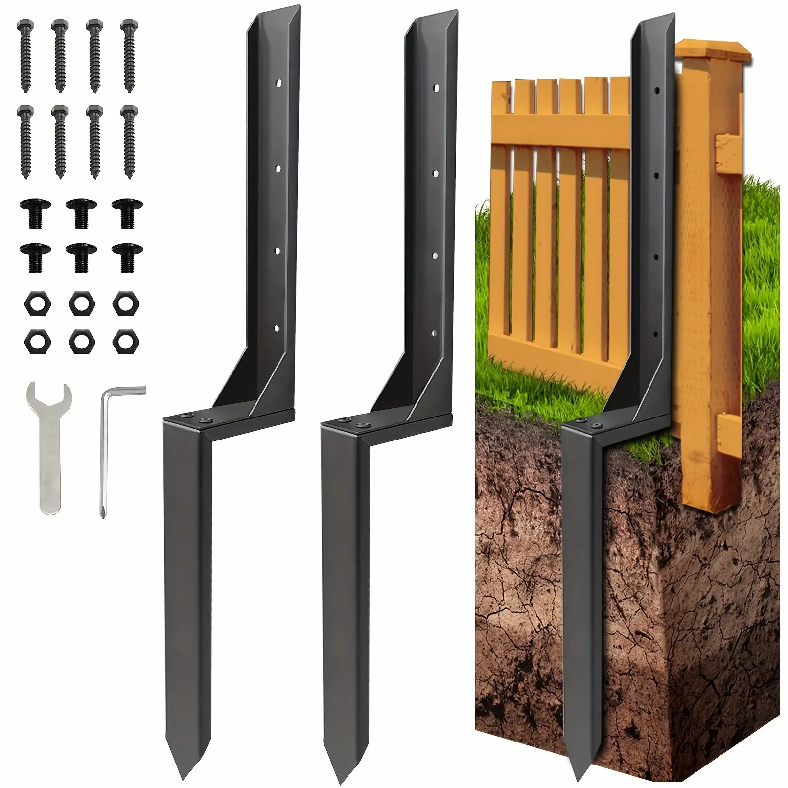 4 Set/2 Set Heavy Duty Steel Fence Post Repair Kit with 32" Anchor Ground Stakes - Adjustable Brackets, Pre-Drilled Holes & Hardware Included for Easy Assembly - Sturdy Metal Construction to Repair Tilted/Broken Wood Fence Posts