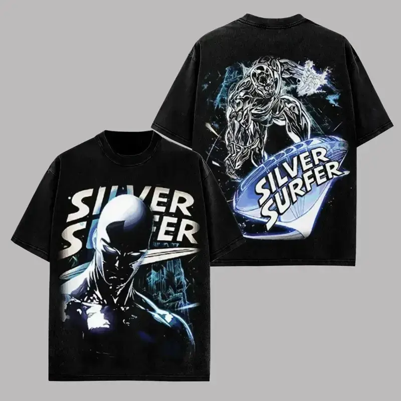 Vintage Silver Surfer Double Sided Washed T Shirt Front Dark Tone Silver Surfer Bust Portrait Graphic Back Surfboard Space Character Art SILVER SURFER Bold Text Oversized Unisex Cosmic Hero Short Sleeve Streetwear Tee