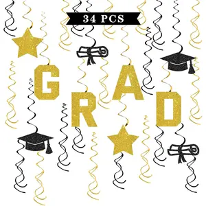 Graduation  Swirl Decorations - 34 count Congrats Grad Party Supplies - Congratulations Grad Streamers - College High School Graduation Foil Swirls Ceiling Decorations  Glitter