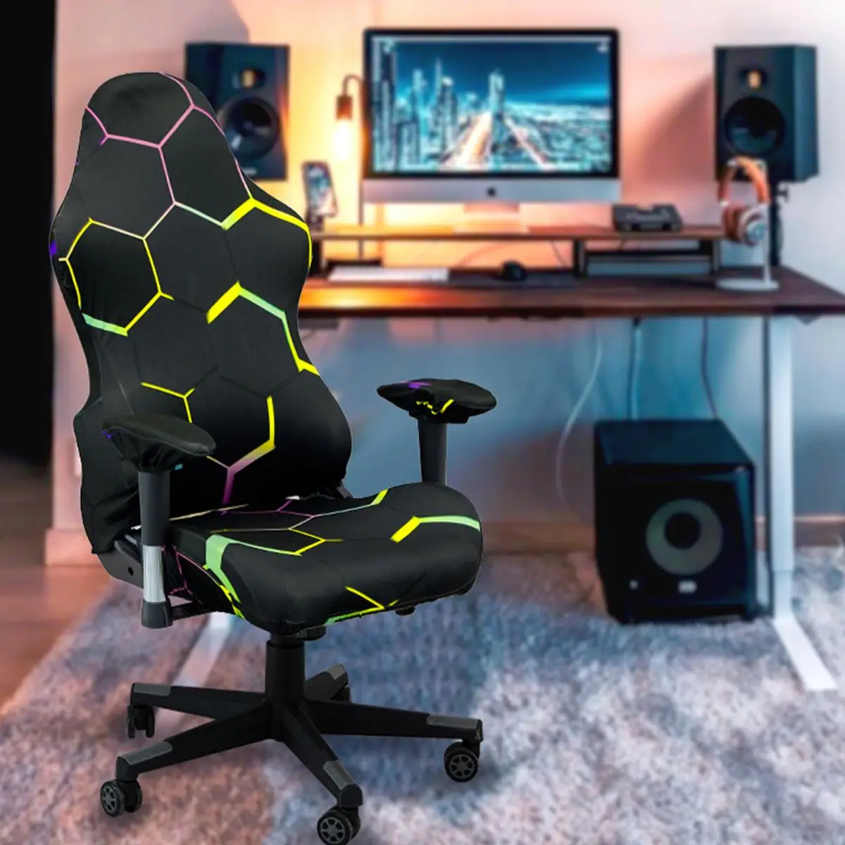 Modern Geometric Print Chair Cover, 1 Set Elastic Gaming Chair Slipcover, Washable Chair Protector for Home Office Game Room Decor