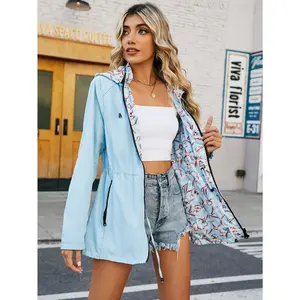 Women's Plus Size Casual Two-Face Reversible Hooded Windbreaker Jacket - Lightweight 100% Polyester, Detachable Hood & Zippered Pockets, Spring/Fall Versatile Outerwear Womenswear Coats