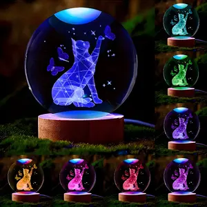 3D Cat Butterfly Crystal Ball, Color Changing Night Light, Gift for Girlfriend Wife Friend, Christmas Valentine's Day Wedding Anniversary