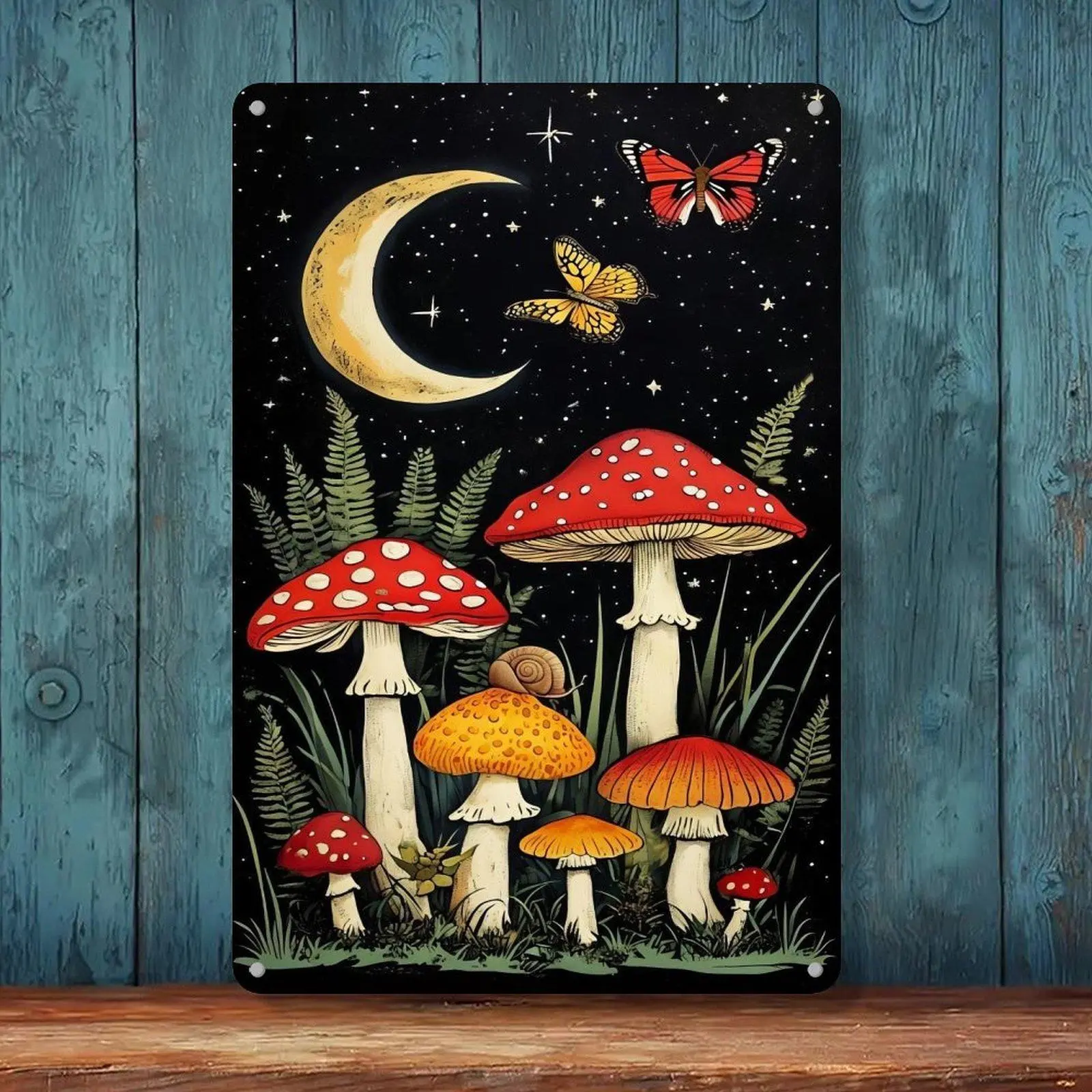 Vintage Metal Tin Sign 8x12in Celestial Mushroom Butterfly Snail Moon Star Night Scene Retro Wall Decor Witchy Cottagecore Iron Art Plaque For Home