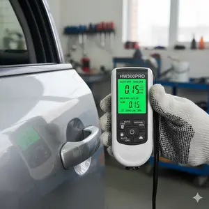 Automotive paint thickness gauge, measuring range 0-2000 micrometers, professional sheet metal and paint inspection tool, automotive repair equipment.