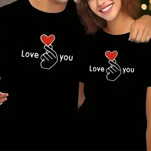 Love You Gesture Print Top Couple Style Tshirt Casual Elegant Valentine's Streetwear Made In USA For Women For Men [YarrowYoke 180G/230G 100% cotton short-sleeve/hoodie, soft and comfortable]