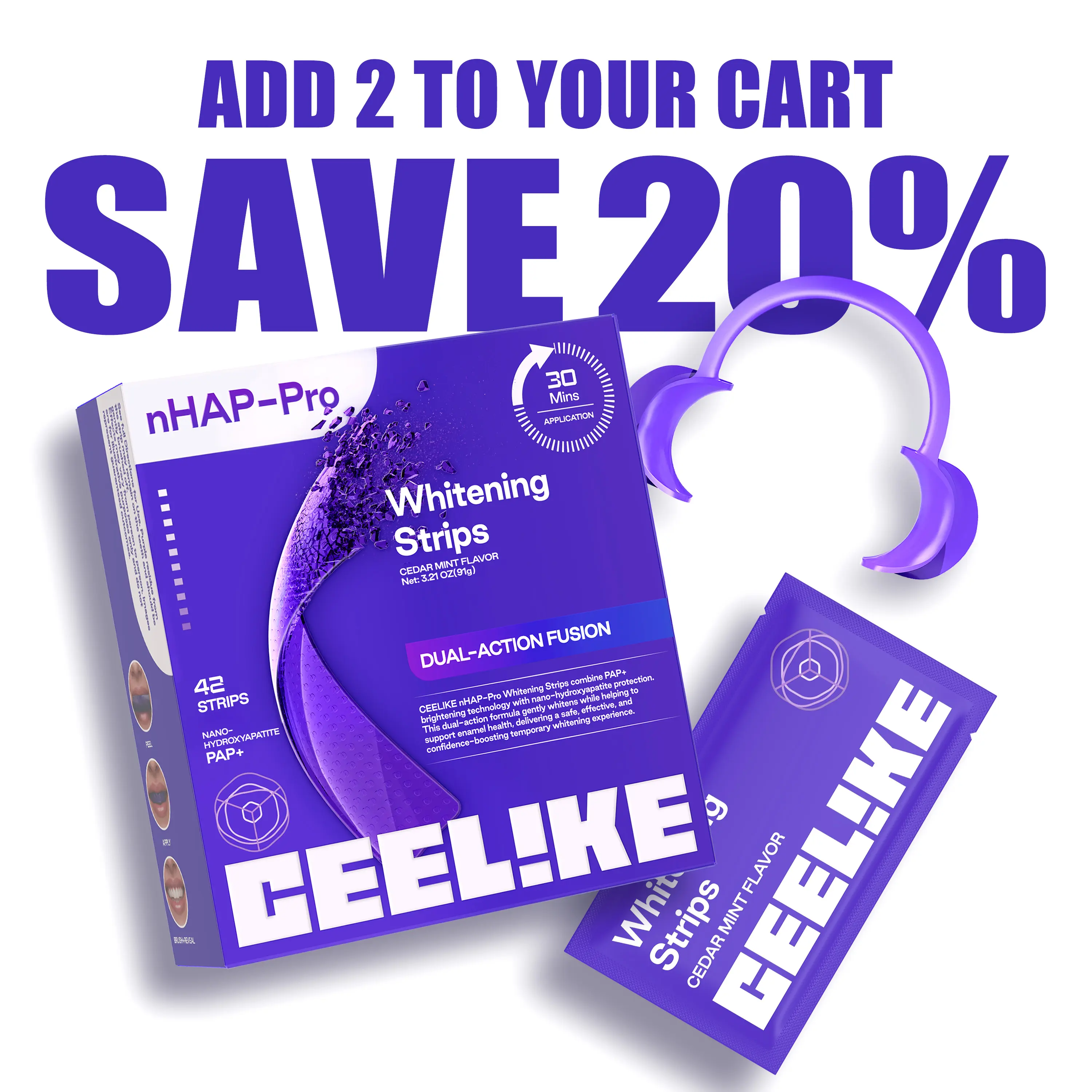 【CEELIKE】 Purple Teeth Whitening Strips  With Free Cheek Retractor - 7/21 Whitening Sessions -Nano-Hydroxyapatite Safe for Enamel - Non Sensitive Teeth Whitening - Peroxide-Free