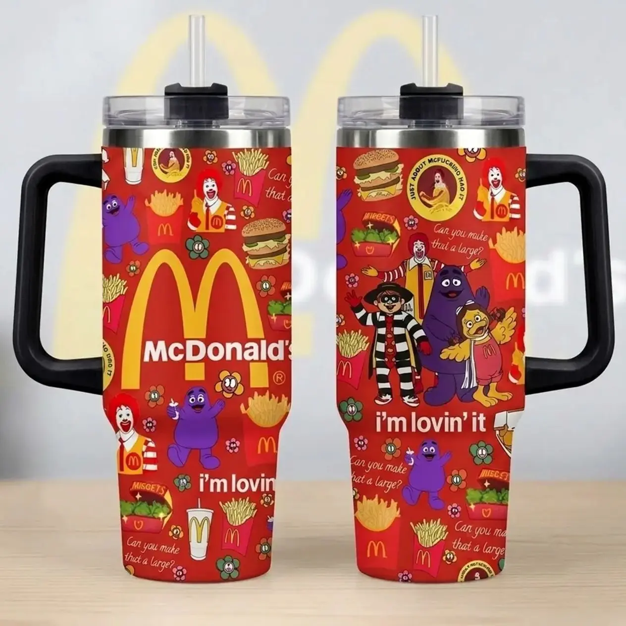 McDonalds Retro Fast Food Tumbler with Handle, Im Lovin It Golden Arches 40oz Insulated Travel Mug, Ronald McDonald Grimace Hamburglar Pattern Cup, Stainless Steel Iced Coffee Tumbler, Vintage Restaurant Merch, Nostalgic Birthday Gift for Foodies