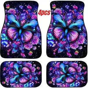 Car Floor Mats 4pcs Colorful Butterfly Design, Polyester Fiber Material, Easy Clean, All Seasons Universal Fit for Various Car Models, Car Interior Accessory