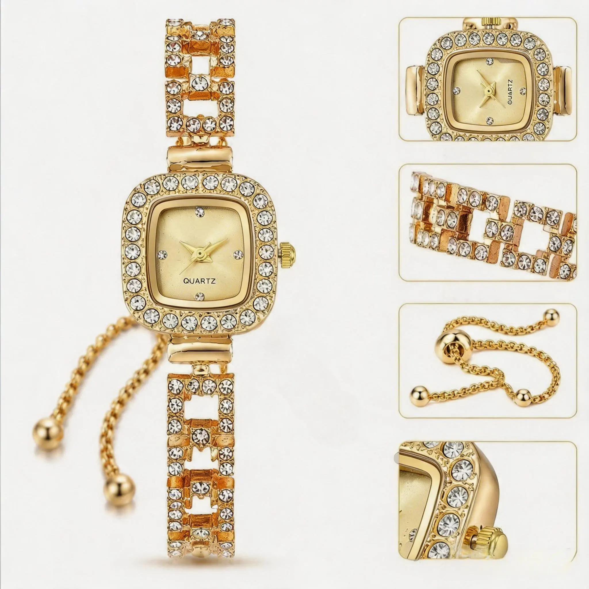 Women's Hip-Hop Rhinestone Square Analog Gold Watch - Durable Alloy Quartz Female Wristwear with Adjustable Strap, Alkaline Batteries, Crystal Dial, Fashionable Stylish Watch for Daily Wear, Accessories for Women, Diamond Square Dial, High Quality Watches
