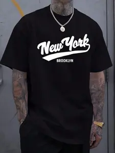 Men's Crew Neck Short Sleeve T-Shirt with New York Brooklyn Letter Print for Everyday Wear & Casual Outings