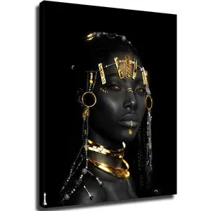 African American Woman Black Gold Poster Canvas Wall Art Living Room Bedroom Room Decor Prints Decor (24x36inch-Framed)