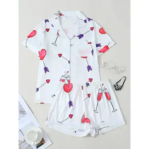 Romantic Date Style Heart & Wine Glass Print Short Sleeve & Short Pants Pajama Set, Lapel Cardigan Contrast Trim Loungewear, Casual Sweet 2-Piece Homewear for Daily & Outdoor Wear
