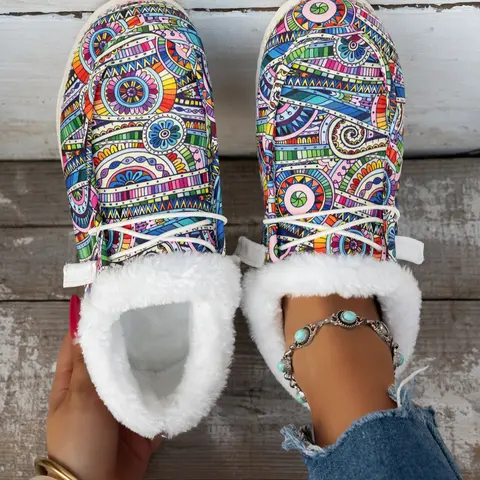 Women's Fall Winter Boho Style Slip-On Loafers, Round Toe Lace-Up Casual Shoes, Warm Textile Upper Eva Sole, Low Top Ankle Boots, Casual Fashion Shoes, Trendy Shoes, Slip Ins Shoes