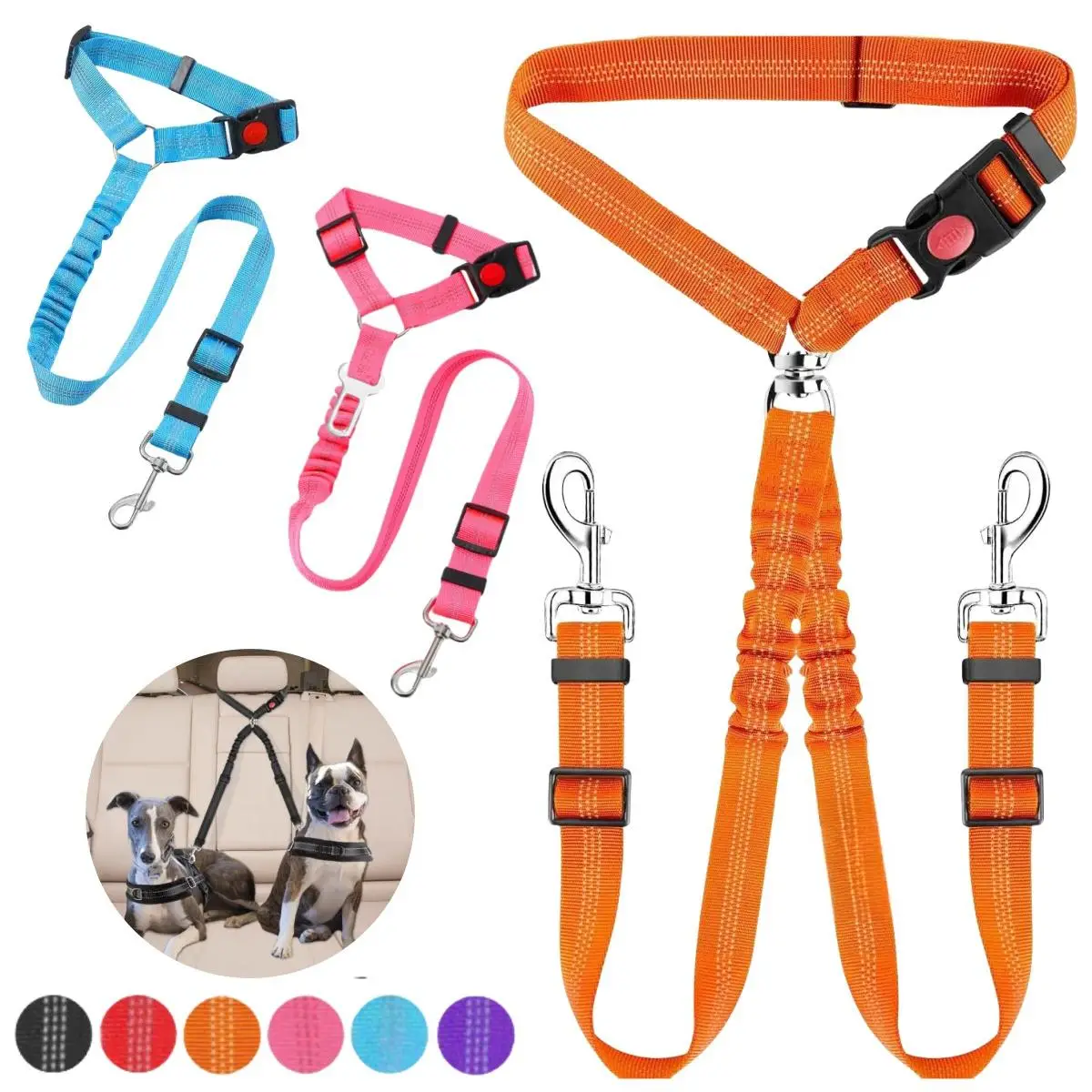 Removable Car Dog Leads, Dog Seat Belt, Double Dog Seat Belt, Adjustable Vehicle Safety Leash, Reflective No Tangle Y Shape Two Dog Harness Seat Belt