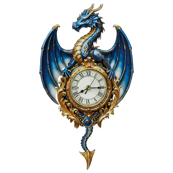 Blue Dragon Gothic Wooden Wall Clock - Adult DIY Creative 3D Puzzle Kit, Hourly Chiming Natural Wood Building Toy, Gothic Decor Gift for Hobbies & Decoration