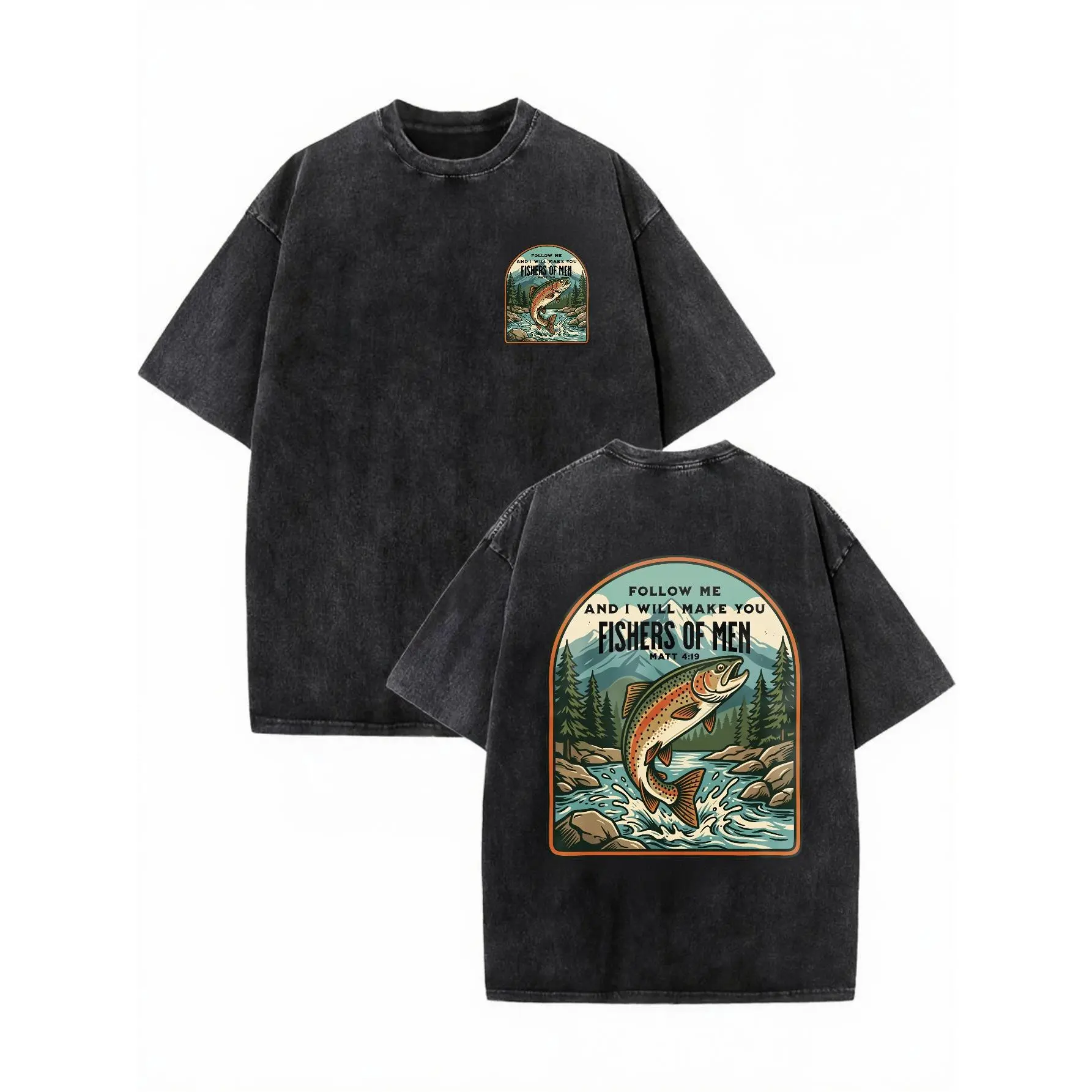 Men's Unisex Vintage Washed 'Fishers of Men' Christian Graphic T-Shirt - Cotton Fabric, Round Neck, 90s Retro Casual Loose Fit Short Sleeve, Streetwear, Personalized Christian Quote, 2xl, 3xl