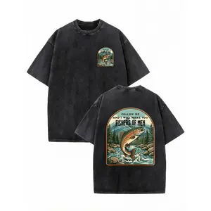 Fishers of Men Pattern Vintage Washed Shirt, Men's Christian Fishing Theme Plus Size  Oversized T-Shirt,Comfortable & Breathable Material,Fashionable Spring/Summer Top,Vintage 90s Retro Tee