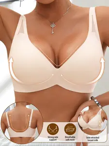 Women's Wireless Jelly Bra, Wide Shoulder Lace Design, Seamless V-Neck, Medium Support, Fitted Lined Bra, All Seasons