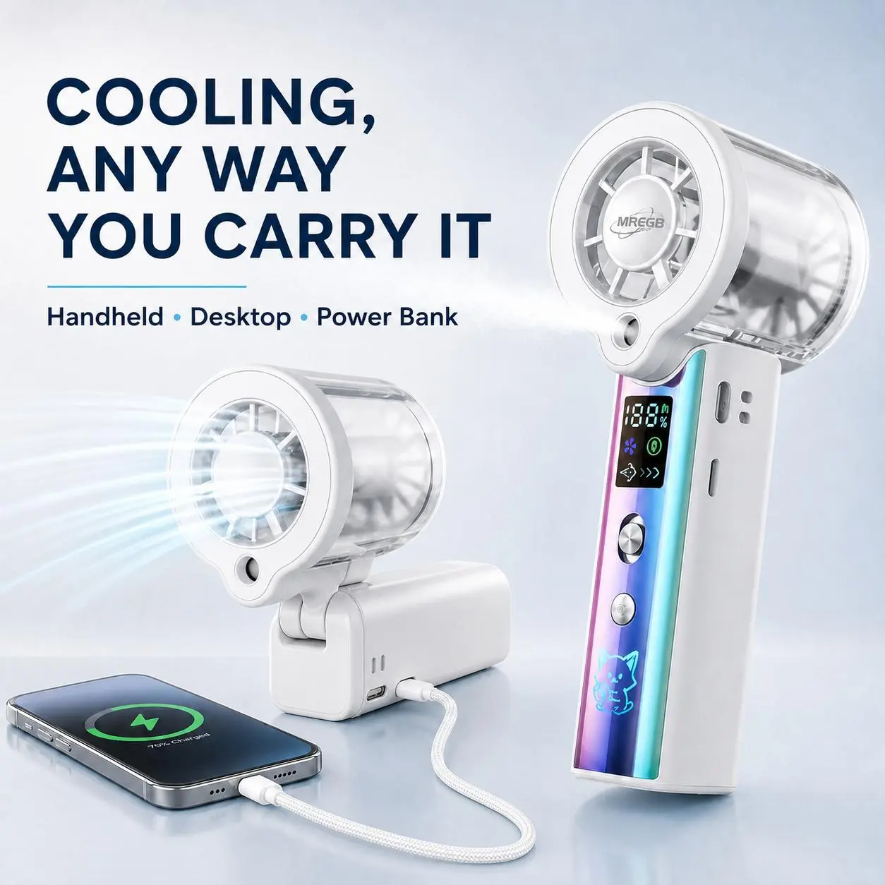 MREGB 2026 Mist Spray Cooling Handheld Fan — 6hours at Normal Power, 100 Speeds Randomly Adjust Airflow, High-Speed ​​Cooling Fan with Long-Lasting Battery, Built-in Lighting, Relief Portable Fan for Summer Walk