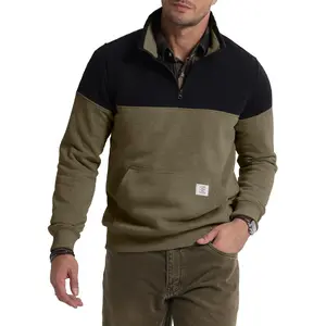 Men's Quarter Zip Pullover Quilted Sweatshirt Pullover Long Sleeve Stand Collar Sweater Color Block Sweatshirt