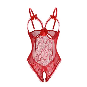Women's Red Floral Lace Babydoll Mini Bodysuit with Cutout Bra & Adjustable Straps for Everyday & Bridal Wear plus size fashion lingerie Thigh Garter Belt dark underwire sexy set Valentine's Halter Lingerie pj Sheer Mesh Underwire Leather Faux Harness Set
