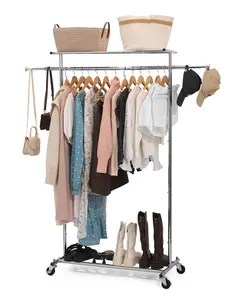 Clothes Rack on Wheels with Extra Top Storage Shelf, LARGE Rolling Garment Rack for Hanging Clothes, Heavy-duty Metal Clothing Rack Organizer for Bedroom, Living Room -Silver