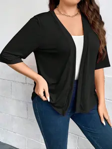 Casual Comfortable Commute Plus Size Women's Sweater, Trendy Minimalist Aesthetics Medium Sleeve Knitting Long Cardigan, Fitted Knitwear for All Seasons