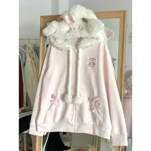 Japanese Pearl Gauze Patchwork Coats Women Y2k Aesthetic Lace Rabbit's Ears Jackets Casual Oversized Harajuku Kawaii Hoodies Top