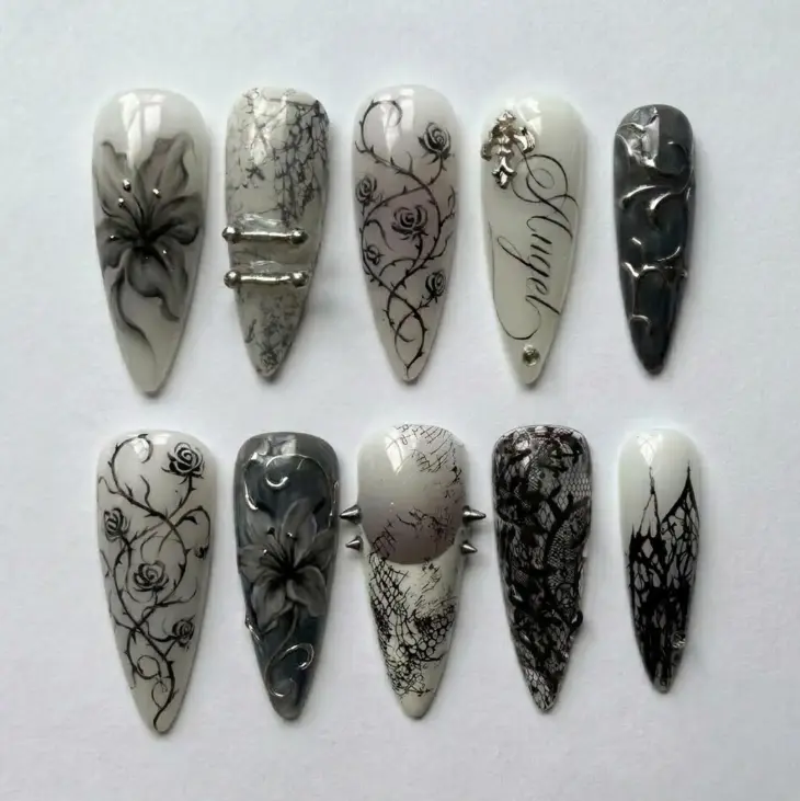 Handmade Black Rose Press On Nails, Gothic Angel Nail Set, Smoky Marble & Thorn Accents, Stiletto Nails For Bold Dark Coquette Vibes