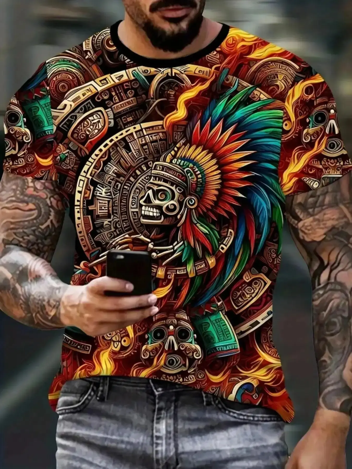 Vibrant Tropical Aztec style cultural street Streetwear 3D printed long T-shirt, casual breathable design close fitting Menswear men's polyester round neck, essential piece, must have item, trendy style