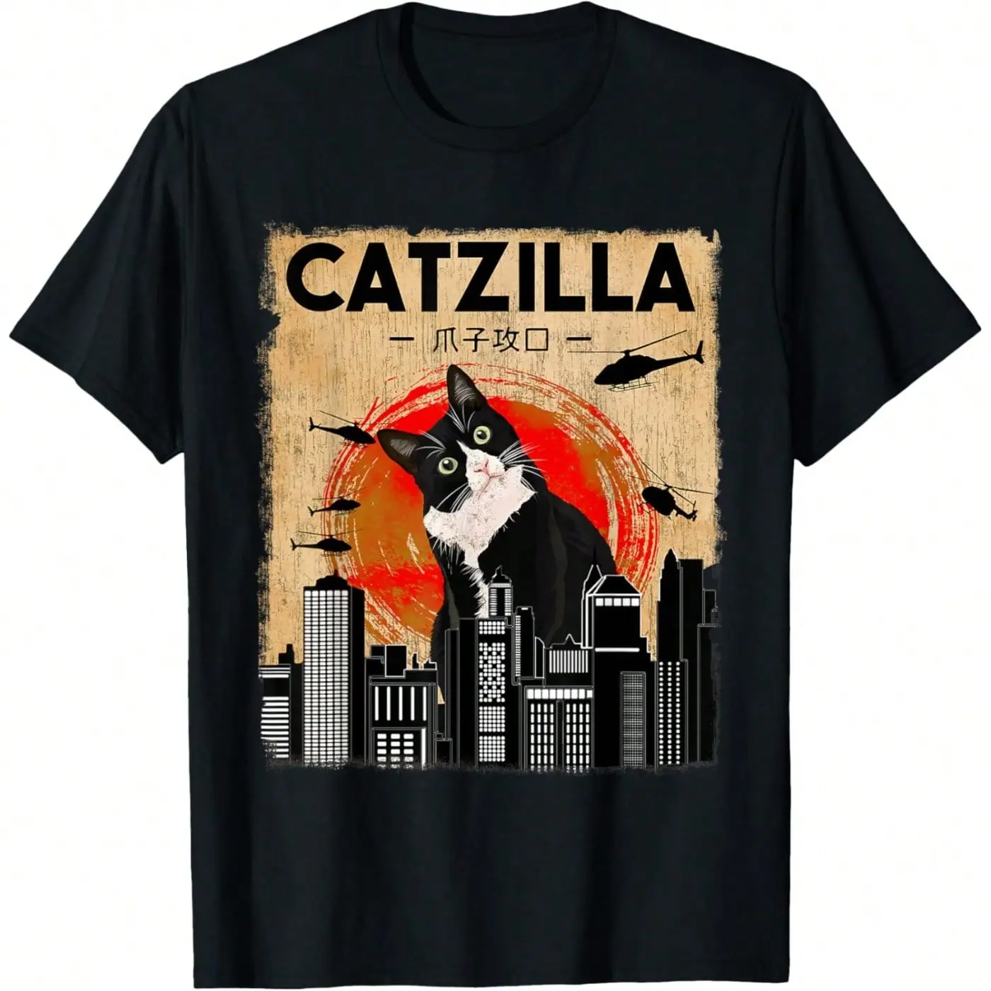Men's Vintage Catzilla Pure Cotton Short-Sleeve Round Neck T-Shirt - Cute Korean Funny Tuxedo Cat & Kitten Meme Print, Casual Unisex Streetwear Top (Cold Wash Recommended), Cold Wash Safe