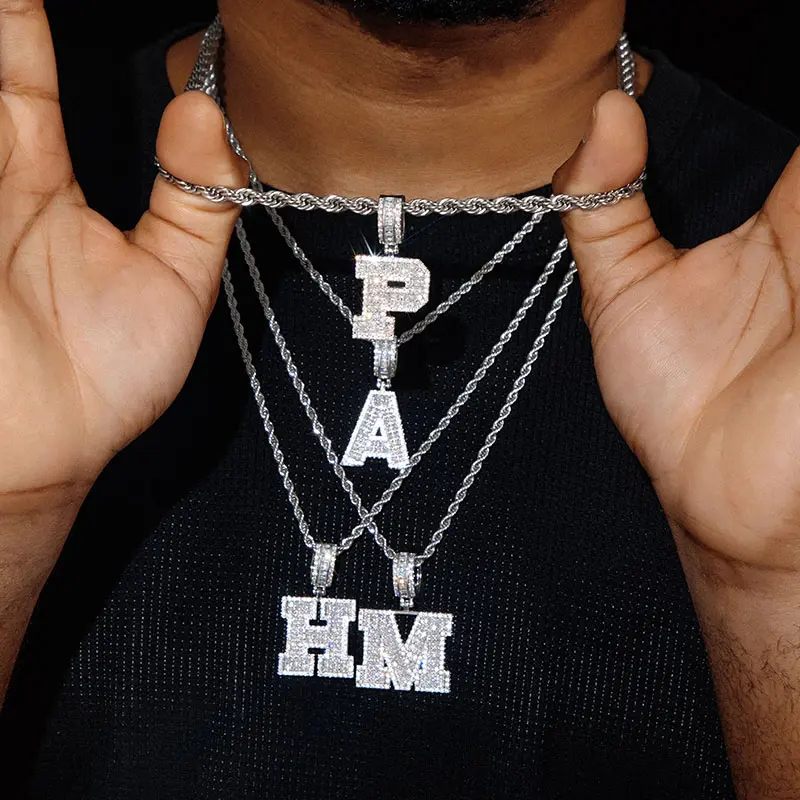 HELLOICE Iced Out Baguette A to Z Initials Letters Pendants 18K Gold Plated Pendant with 3mm 24inches Rope Chain