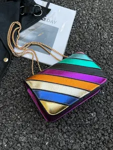 Trendy Rainbow Striped Chain Bag, Preppy Style PU Material, Perfect for All Seasons, Stylish Daily Outing Accessory, Casual Trendy Bag, Crossbody Shoulder Bag