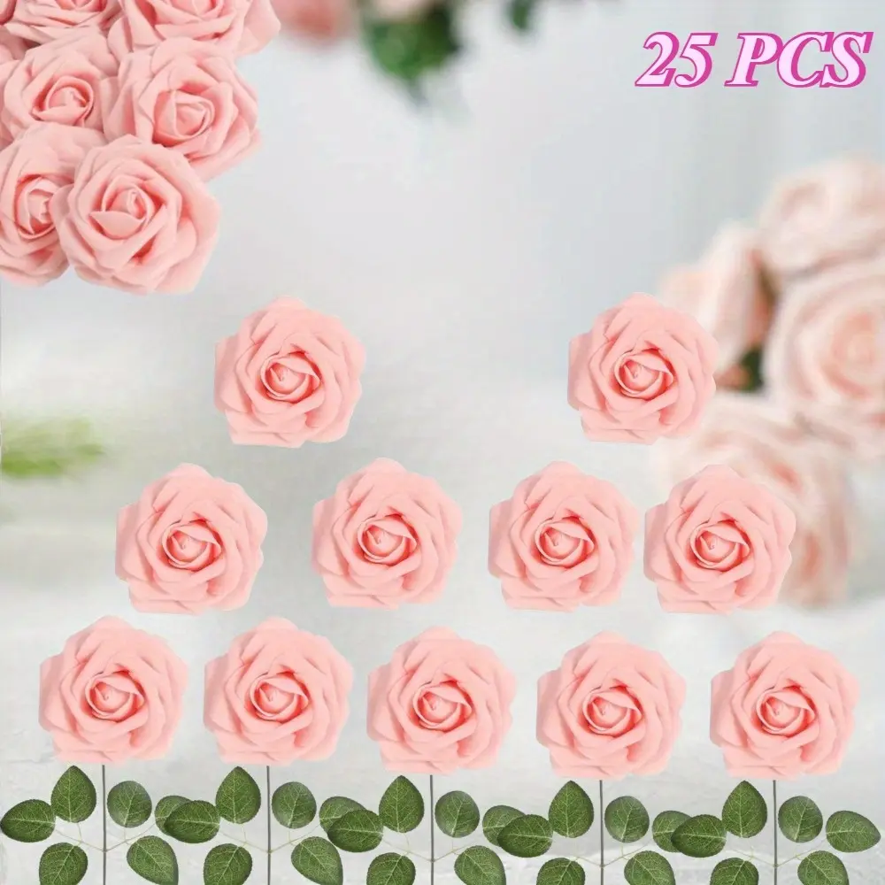 25 Pcs Blush Pink Foam Artificial Roses with Stems, Real-Looking Decorative Flowers & Plants for DIY Wedding Bouquets, Bridal Shower Centerpieces