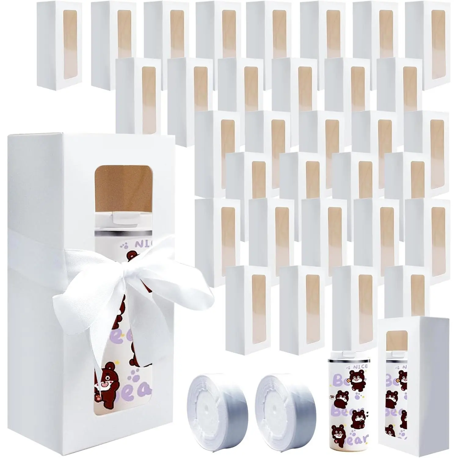 64 Pcs Gift Boxes with Ribbon 12oz 16oz 20oz for Transparent Gift Box for Sublimation Glass Exhibition Boxes Drinking Glasses Jars Blanks Tumbler Sublimation Tumblers Gift Box (White)