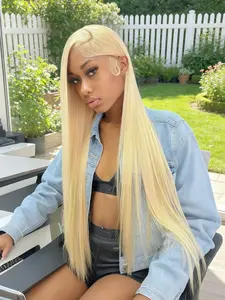"Long Straight Blonde Wig, Heat-Resistant Synthetic 613# Lace Front Wig, Glueless, HD Transparent, Pre-Plucked Hairline, 13×4 Lace Front.Suitable for Black Women, Halloween, Work, Concerts, Cosplay, Weddings, and Dates. 28-Inch Glueless HD Wig."