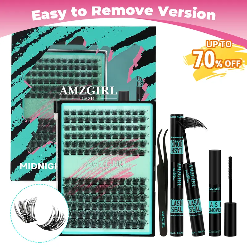 【Flash Sale】AMZGIRL LASH DIY Lash Extensions Kit 144pcs Midnight Waterproof Eyelashes Makeup Cosmetic Set with Bond Seal Remover Applicator for Summer Outfits & Vacation Looks